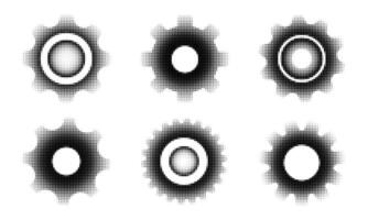 Set of black halftone gear icons. Dotted cogwheel symbols in pop art style. Mechanical settings concept isolated on white background. Suitable for tech, app, or system design. vector