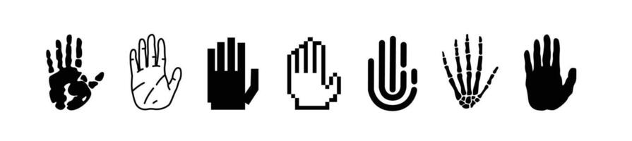 illustration of open palm set showing 5 fingers in various shapes, stop symbol, greeting sign vector