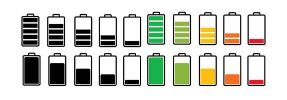 Battery charge many color flat icons. Battery charging, charge indicator vector
