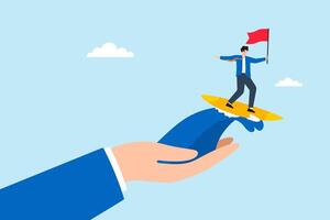 Flat illustration of businessman leader surfing on giant hand wave of support while holding flag to symbolize business achievement and trust vector