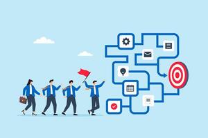 Flat illustration of business leader holding flag while guiding team through maze of task icons toward final target and business goal vector