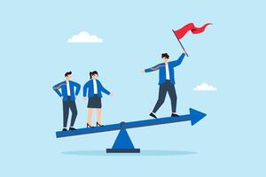 Flat illustration of businessman leader balancing on seesaw arrow with flag while supported by team members to lead stable progress and direction vector