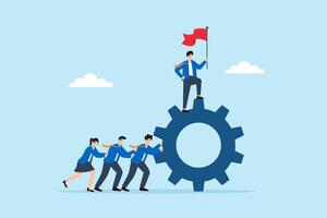 Flat illustration of business leader holding flag on top of giant gear powered by team members to symbolize teamwork and driving success together vector