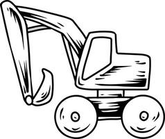Black and white sketch of a wheeled excavator with digging arm vector