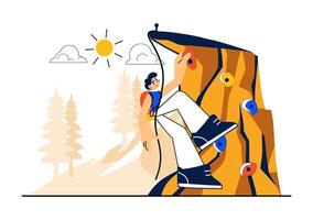 Flat Cartoon Background of a Rock Climber Reaching the Summit on a Steep Mountain Wall vector