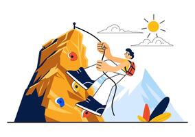 Extreme Rock Climbing Illustration with a Climber Scaling Mountain Cliffs in Flat Cartoon Style vector