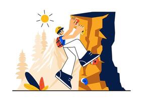 Rock Climber Adventure Illustration with Rugged Mountain Background in Flat Style vector