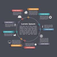Circle infographics with icons and text, round diagram template, dark background vector