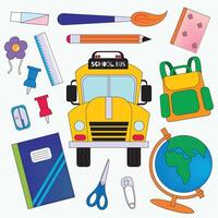 Back to school set with flat colorful icons of school bus, globe, backpack, stationery, and classroom tools. Perfect for educational posters, worksheets, websites, and childrens designs. vector