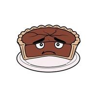 Sad chocolate pie character with a cracked top and worried facial expression a funny cartoon dessert illustration for expressing emotions vector