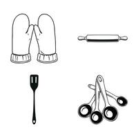 A collection of essential kitchen tools and baking equipment icons featuring oven mitts a rolling pin spatula and measuring spoons vector