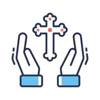Hands with religious cross icon in flat outline style vector