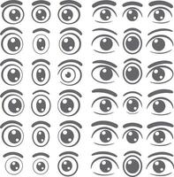 Collection of Gray Cartoon Eyes Illustrations Various Styles Eyebrow Shapes Pupil Sizes Simple Designs Silhouette Eye Icons Set vector