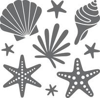 Gray Seashell and Starfish Silhouette Collection Simple Ocean Life Design Elements for Summer Beach Theme Decor vector