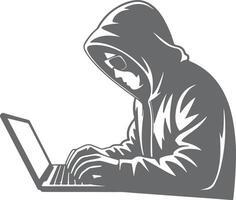Gray Silhouette of Hooded Person Using Laptop Computer Digital Technology Hacker Anonymous Identity Internet Security vector
