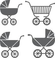 Four Gray Silhouette Baby Stroller and Shopping Cart Icons Set Illustration Child Carriage Design Elements vector