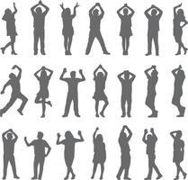 Grey Silhouette Collection Diverse Poses People Dancing Jumping Arms Raised Up Joyful Energetic Movement Set vector