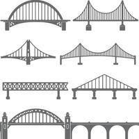Gray Scale Silhouette Collection of Various Bridge Types Arch Suspension Truss and Beam Bridges Engineering Infrastructure Designs vector