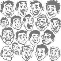 Collection of Gray Scale Cartoon Men Faces Happy Expressions Silhouette Style Diverse Hairstyles vector