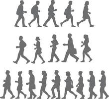 Grey Silhouette People Walking in Sequence Multiple Rows Side Profile View Walking Animation vector