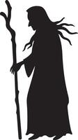 Silhouette illustration of a witch with a staff in a flowing robe for halloween vector