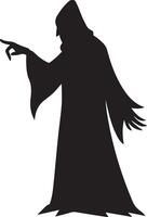 Silhouette of a hooded figure pointing a finger in a mysterious and dramatic pose vector