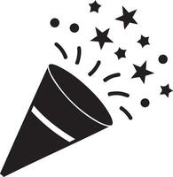 Festive black and white party popper exploding with stars and confetti for celebration vector