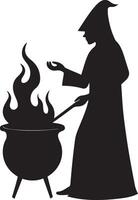 Silhouette of a witch with a cauldron and flames brewing a magic potion illustration vector