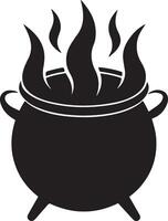 Black and white illustration of a witch cauldron with flames for halloween and magic.eps vector