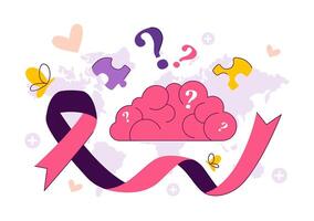 Flat Cartoon of World Alzheimer's Day with Brain Puzzle and Purple Ribbon for Memory Awareness vector