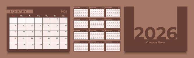 2026 monthly calendar layout with a clean diary planner format. Each month starts on Sunday, ideal for organizing schedule vector