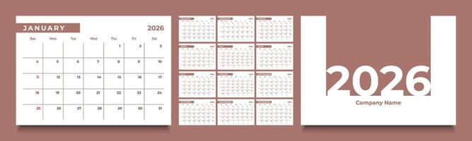 2026 monthly calendar layout with a clean diary planner format. Each month starts on Sunday, vector