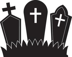 Black and white illustration of three tombstones in a grassy field ready for halloween.eps vector