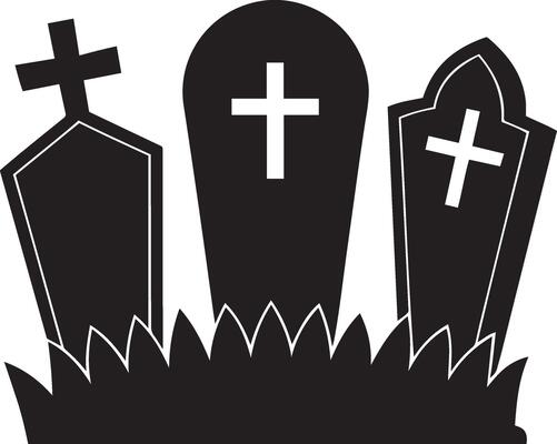 Black and white illustration of three tombstones in a grassy field ready for halloween.eps