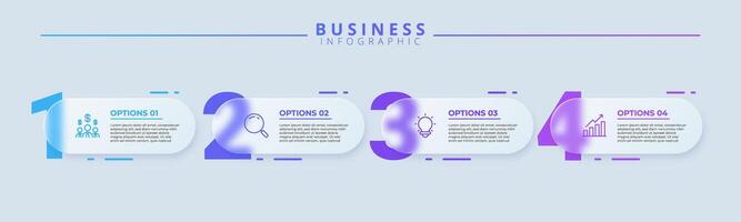 Infographic label template with four distinct steps and icons, designed for clear communication. Ideal for process charts, presentation slides, workflow diagrams, banners, and data visualizations. vector