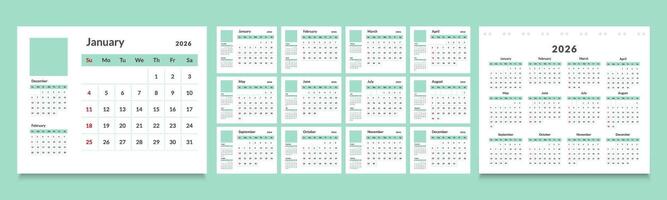 2026 monthly calendar layout with a clean diary planner format. Each month starts on Sunday, ideal for organizing schedules, events vector