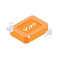 A isometric style icon showing bar soap with bubbles vector