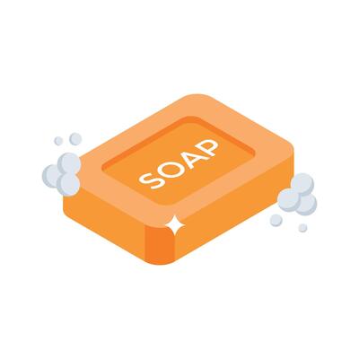 A isometric style icon showing bar soap with bubbles