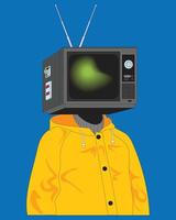 illustration of a surreal character with an old television for a head, wearing a bold yellow hoodie. Ideal for poster designs, pop culture artwork, or modern abstract concepts. vector