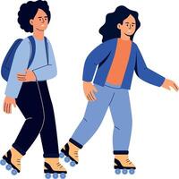 A flat style illustration showing friends doing rollerblading vector