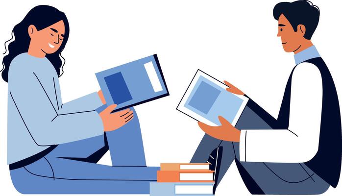 A flat style illustration showing friends exchanging books