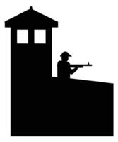 Silhouette of a guard on duty in a watchtower with a rifle for security and protection concept vector
