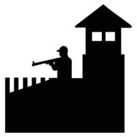 Silhouette of guard tower with armed soldier on patrol for security and protection of the fortress wall vector