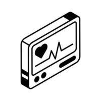 An editable isometric icon showing a digital ekg... vector