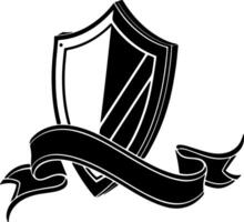 Black silhouette of classic shield icon with smooth curved ribbon below, flat emblem style for award design, tracing, or clean badge illustration vector
