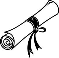 Black silhouette of graduation scroll with side ribbon seal, minimal rolled diploma paper style perfect for certificate or stock badge use vector