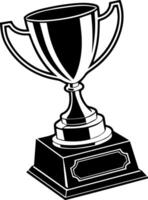 Black silhouette of classic trophy cup with thick base and wide nameplate, symmetrical flat icon style perfect for award and stock illustration vector