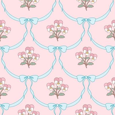Seamless pattern with pansy flower and blue bow on pastel pink background. Vintage Rococo floral and ribbon wallpaper.