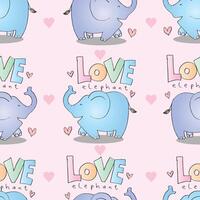 Seamless pattern with cute elephants, heart and text love elephant. vector
