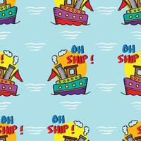 Seamless pattern with cartoon ships on the sea. vector